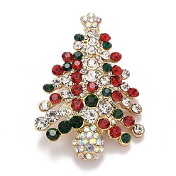 Golden Colorful Christmas Tree Rhinestone Brooch, Alloy Badge for Backpack Clothes, Golden, 56x38.5x11mm