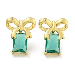 Аквамарин Серьги-гвоздики с бантом из латуни с микропаве из кубического циркония, без кадмия и без свинца, реальный 18 k позолоченный, со стеклом, аквамарин, 25.5x21 мм