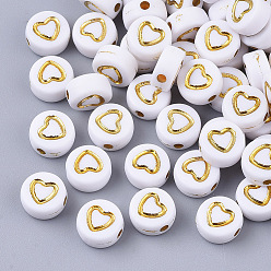 Golden Plated Plating Acrylic Beads, Metal Enlaced, Flat Round with Heart, Golden Plated, 7x4mm, Hole: 1.5mm, about 3700pcs/500g