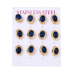 Medium Blue 6 Pairs 304 Stainless Steel Pave Cubic Zirconia Stud Earrings, Oval, PVD Vacuum Plating, Golden, Medium Blue, 12.5x10mm