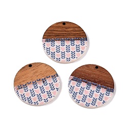Blue Printed Resin & Wood Pendants, Flat Round Charm with Flower Pattern, Blue, 35x2~3mm, Hole: 2mm