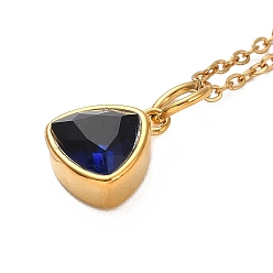 Dark Blue Triangle Cubic Zirconia Pendant Necklaces, Ion Plating(IP) 304 Stainless Steel Cable Chain Necklace for Women, Golden, Dark Blue, 17.91 inch(45.5cm)