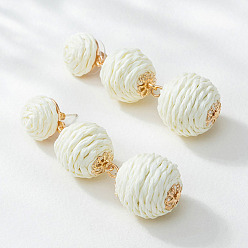 Snow Rattan Round Bead Stud Earrings, with Metal Pins, Bohemia Style Long Drop Earrings for Women, Snow, 60x19mm