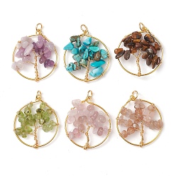 Mixed Stone 6Pcs 6 Styles Natural Mixed Gemstone Chip Pendants, Golden Plated Brass Tree of Life Charms, 28x24~25x4~5mm, Hole: 3.3mm, 1pc/style