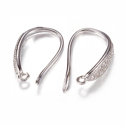 Platinum Brass Micro Pave Cubic Zirconia Earring Hooks, with Horizontal Loop, Platinum, 15x9x3mm, 9 Gauge, Hole: 0.5mm