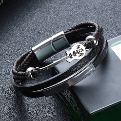 Black Leather Multi-strand Bracelets, Alloy Guitar Links Bracelet with Magnetic Clasp, Black, 8-1/4 inch(21cm)