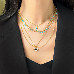 Golden Multi-Layered Eye Charm Necklaces, Titanium Steel & Glass Rhinestone & Synthetic Turquoise Bohemia Style Necklaces for Women, Golden, 16-1/8~19-3/4 inch(41~50cm)