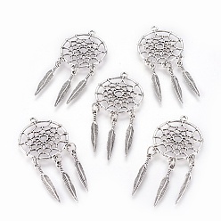 Antique Silver Tibetan Style Alloy Pendants, Woven Net/Web with Feather, Cadmium Free & Lead Free, Big Pendants, Antique Silver, 63x28x1.5mm, Hole: 2mm