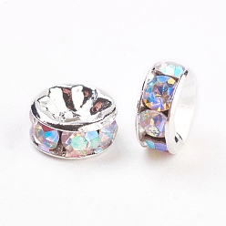 Хрусталь AB Латунные бусины разделители для поставки стразов, класс AAA, прямой фланец, без никеля , серебряный цвет гальваническим, рондель, хрусталь AB, 8x3.8 мм, отверстие : 1.5 мм