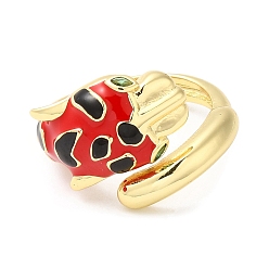 Red Enamel Leopard Open Cuff Ring with Cubic Zirconia, Real 18K Gold Plated Brass Jewelry, Long-Lasting Plated, Red, Inner Diameter: 18mm