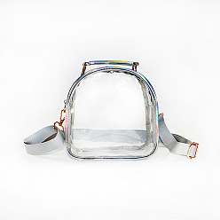 Silver Laser Transparent Sling Bag, Mini PVC Crossbody Shoulder Backpack, with PU Leather Handle, for Women Girls, Silver, 17.5x17.5x7cm