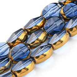 Cornflower Blue Electroplate Transparent Glass Beads Strands, with Golden Plated Edge, Faceted Oval, Cornflower Blue, 8~9x6.5x5mm, Hole: 1.2mm, about 37pcs/strand, 23.78 inch(60.4cm)