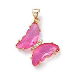 Pearl Pink Brass Micro Pave Clear Cubic Zirconia Pendants, with Glass, Butterfly, Golden, Pearl Pink, 24x21.5x4mm