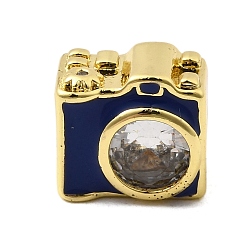 Темно-Синий Латунные микропаве прозрачные кубические циркониевые эмалевые бусины, камера, без свинца и без кадмия, долговечный, реальный 18 k позолоченный, стойки покрытие, темно-синий, 9x9.5x6 мм, отверстие : 2 мм