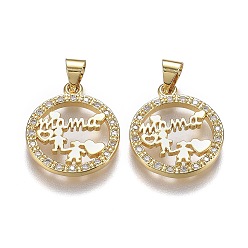 Real 18K Gold Plated Brass Micro Pave Clear Cubic Zirconia Pendants, with Snap on Bails, Long-Lasting Plated, for Mother's Day, Flat Round with Word Mama, Real 18K Gold Plated, 19x16x2mm, Hole: 5mm