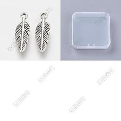 Plata Antigua 300 piezas colgantes de aleación de estilo tibetano, encantos de plumas, plata antigua, 15x5x1.5 mm, agujero: 1 mm