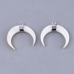 Platinum Freshwater Shell Pendants, with Brass Findings, Double Horn/Crescent Moon, Platinum, 25~26x25x4mm, Hole: 1.8mm