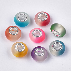 Mixed Color Resin European Beads, Large Hole Beads, with Silver Color Plated Brass Cores, Rubberized Style, Rondelle, Mixed Color, 14x8mm, Hole: 5mm