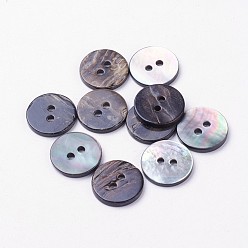 Black 2-Hole Shell Buttons, Flat Round, Black, 10x2mm, Hole: 1.5mm