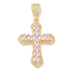 Pink Rack Plating Brass Pendants, Glass with Cubic Zirconia, Lead Free & Cadmium Free, Long-Lasting Real 18K Gold Plated, Cross, Pink, 32.5x23x5mm, Hole: 4x2.5mm