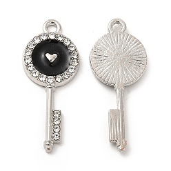 Черный Подвески из эмали и сплава, с кристально горный хрусталь, ключи с сердечками, платина, чёрные, 31x12.5x2 мм, отверстие : 1.8 мм