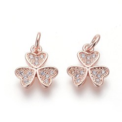 Розовое Золото Брелки из экологически чистой латуни с микропаве и кубическим цирконием, без свинца и без кадмия, прозрачные, клевер, розовое золото , 11.5x10x2 мм, отверстие : 3 мм