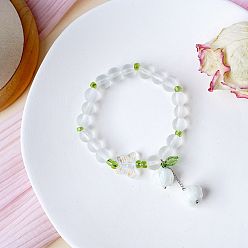 White Handmade Lampwork Round Beaded Bracelets, Convallaria Majalis Flower Tassel Bracelets for Women, Butterfly, White, 1/4 inch(0.8cm), Inner Diameter: 5-1/2~7-7/8 inch(14~20cm)