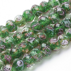 Green Handmade Gold Sand Lampwork Beads Strands, Inner Flower, Faceted Rondelle, Green, 8x6mm, Hole: 2mm, about 70pcs/strand, 17.3 inch