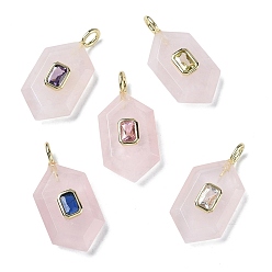 Розовый Кварц Ограненные подвески из натурального розового кварца, шестиугольные подвески с латунными микропаве и фианитами кубического циркония случайного цвета, золотые, 32x15.5x7 мм, отверстие : 4x2 мм