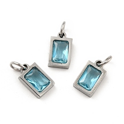Pale Turquoise 304 Stainless Steel Pendants, with Cubic Zirconia and Jump Rings, Single Stone Charms, Rectangle, Stainless Steel Color, Pale Turquoise, 9.5x6x3mm, Hole: 3.6mm