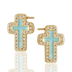 Blue Cross-shaped Religious Earrings with Zirconia Stones for Women's Elegant Style