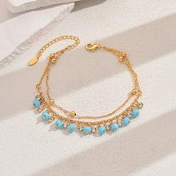 Голубой Модные женские браслеты на щиколотку в винтажном пляжном стиле с двухслойными кисточками и кубическим цирконием, реальный 18 k позолоченный, голубой