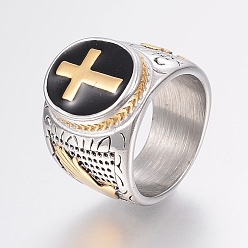 Mixed Color 304 Stainless Steel Finger Rings, with Enamel, Wide Band Rings, Cross, Mixed Color, Size 9, 19mm