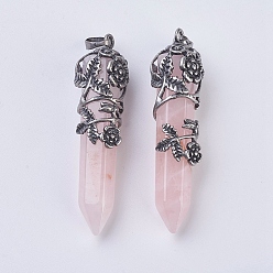 Rose Quartz Natural Rose Quartz Pointed Pendants, with Antique Silver Plated Brass Findings, Faceted, Bullet, Flower, 58~61x15~17mm, Hole: 5x7mm
