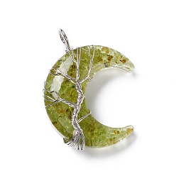 Peridot Natural Peridot Chips & Transparent Resin Big Pendants, Moon Charms, with Platinum Tone Brass Wire Wrapped, Cadmium Free & Lead Free, 52~53x36~37x14~16mm, Hole: 8mm