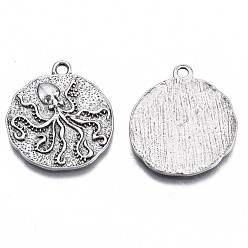 Thai Sterling Silver Plated Tibetan Style Alloy Pendants, Cadmium Free & Nickel Free & Lead Free, Flat Round with Octopus, Thailand Sterling Silver Plated, 23.5x21x2mm, Hole: 2mm