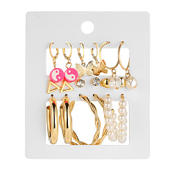54424 Vintage Geometric Heart Butterfly Earrings Set - 9 Pieces of Creative Pearl C-Shaped Ear Jewelry