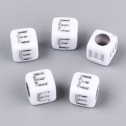 Letter E Акриловые бусины, горизонтальное отверстие, металлическое покрытие, кубические, белые, Письмо E, 6x6x6 мм, отверстие : 3.5 мм, 2600 шт / 500 г