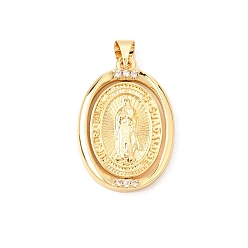 Real 16K Gold Plated Brass Micro Pave Clear Cubic Zirconia Pendants, Oval with Virgin Mary Charms, Real 16K Gold Plated, 25x17x2mm, Hole: 3.5X5mm