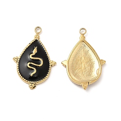 Black Vacuum Plating 201 Stainless Steel Enamel Pendants, Real 18K Gold Plated, Teardrop with Snake Pattern Charm, Black, 21.5x14x2mm, Hole: 1.4mm