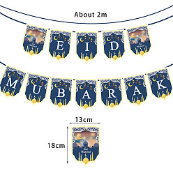 Marine Blue Eid Mubarak Paper Flags, Hanging Banner, for Ramadan Festival Decorations, Marine Blue, 2000mm, pendant: 180x130mm