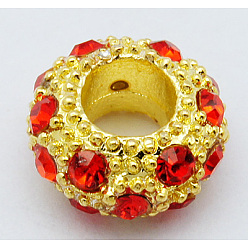 Light Siam Alloy Rhinestone European Beads, Large Hole Beads, Golden Metal Color, Light Siam, 11x6mm, Hole: 5mm