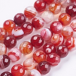 FireBrick Natural Striped Agate/Banded Agate Beads Strands, Round, Faceted, Dyed, FireBrick, 6mm, Hole: 1mm, about 62pcs/strand, 14.5 inch(37cm)
