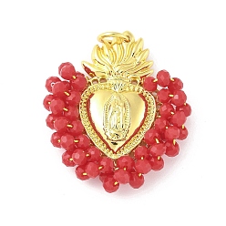 Красный Латунь стекло кулоны, Сердце с Девой Марией, с петлей, долговечный, без кадмия и без свинца, стойки покрытие, реальный 18 k позолоченный, граненые, красные, 35.5x30.5x8 мм, отверстие : 5.6 мм