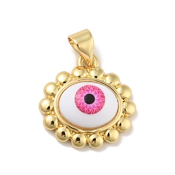 Deep Pink Brass Pendants, with Acrylic, Cadmium Free & Lead Free, Long-Lasting Plated, Oval with Evil Eye, Real 18K Gold Plated, Deep Pink, 16x16.5x5.5mm, Hole: 4x3.5mm