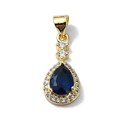 Синий Покрытие стойки настоящее 18k позолоченное латунное микро-паве подвески из кубического циркония, со стеклом, долговечный, без свинца и без кадмия, слеза, синие, 19x9x5 мм, отверстие : 4 мм