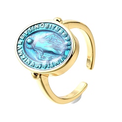 Светло-Голубой Латунные эмалевые регулируемые манжеты, овал с медалью «Женщина с чудотворением», без свинца и без кадмия, стойки покрытие, долговечный, реальный 18 k позолоченный, Небесно-голубой, овальный : 17.5x13.5 mm, внутренний диаметр: регулируемый