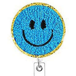 Dodger Blue Smiling Face Wool Chenille Clip-On Retractable Badge Holders, Badge Reels, Alloy Alligator Clip Tag Card Holders, Dodger Blue, 50mm