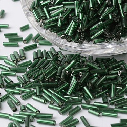 Dark Green Silver Lined Glass Bugle Beads, Round Hole, Dark Green, 6~7x1.5~2mm, Hole: 0.5mm, about 12500pcs/bag