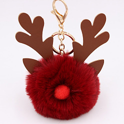 Dark Red Christmas Deer Antler Pom-Pom Keychain with Plush Elk Charm for Women's Handbag Gift